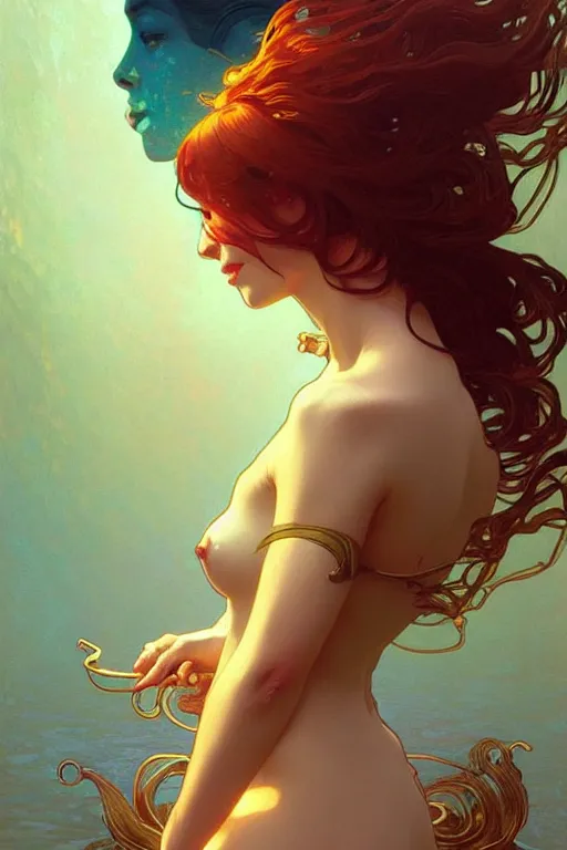 Prompt: a very beautiful siren woman, fantasy, portrait, sharp focus, intricate, elegant, digital painting, artstation, matte, highly detailed, concept art, illustration, ambient lighting, art by ilya kuvshinov, artgerm, Alphonse mucha, and Greg Rutkowski