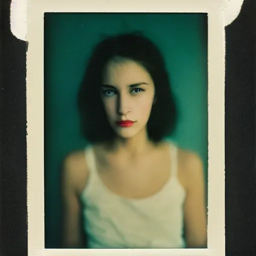 Image similar to portrait of a very pretty woman! symmetric face, a polaroid photo, petzval lens. featured on flickr, art photography, photo taken with provia, photo taken with ektachrome