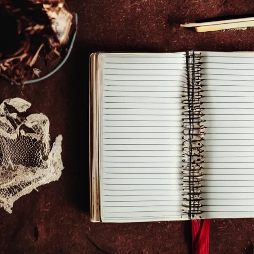 Prompt: a photo of hand skeleton above a dusty diary book, cover with web, rusty and old table