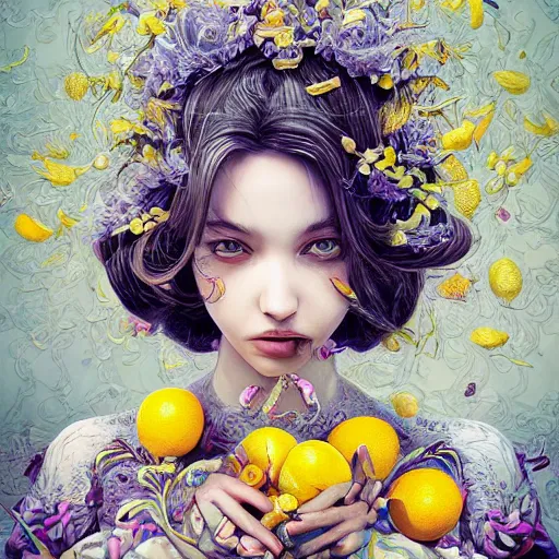 Image similar to the portrait of an absurdly beautiful, graceful, elegant, sophisticated, young girl made up of lemons, an ultrafine hyperdetailed illustration by kim jung gi, irakli nadar, intricate linework, bright colors, octopath traveler, final fantasy, unreal engine 5 highly rendered, global illumination, radiant light, detailed and intricate environment