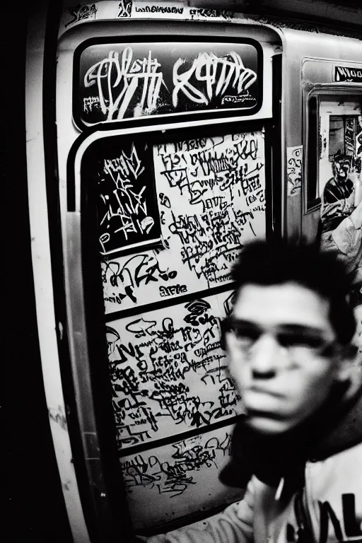 Image similar to subway cabin inside all in graffiti, man in stussy jacket closeup writing graffiti, night, film photography, exposed b & w photography, christopher morris photography