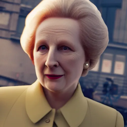 Image similar to limmy brian limond as maggie thatcher, realistic, wide shot, sunny lighting, octane render, hyper realistic, high quality, highly detailed, hd, beautiful, cinematic, 8 k, unreal engine, facial accuracy,
