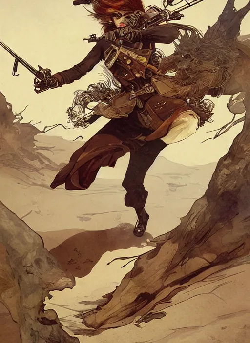 Image similar to a beautiful, dynamic illustration of an anthropomorphic fox - woman running and gunning with a winchester rifle, wild west theme, focal depth, highly detailed, art by joseph leyendecker, peter mohrbacher, ruan jia, marc simonetti, ayami kojima, cedric peyravernay, alphonse mucha, victo ngai,