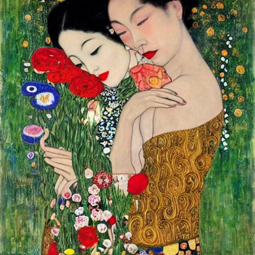 Image similar to !dream Woman holding another woman, one black, the other Asian, both have red lips, silk ribbon over eyes, Gustav Klimt style, against a background of flowers,