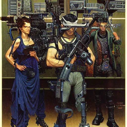 Image similar to portrait of three cyberpunk hired guns, by gerald brom and norman rockwell