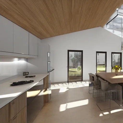 Image similar to Interior studio kitchen and living room, the kitchen turns in a corner with windows on the corner, vray render, interior design