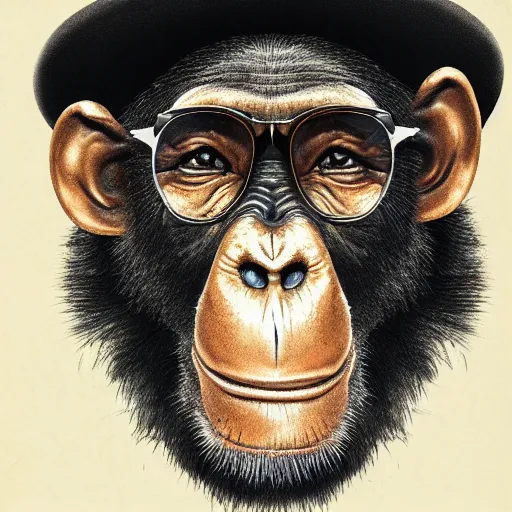 Prompt: a photorealistic portrait of a chimpanzee, with a top hat and sunglasses, highly detailed