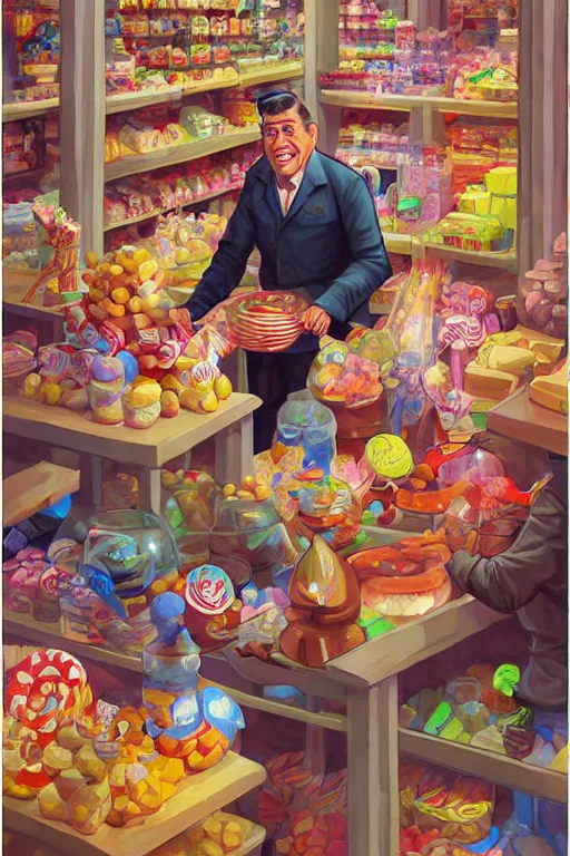 Prompt: jerry lewis in a candy store, by andreas rocha