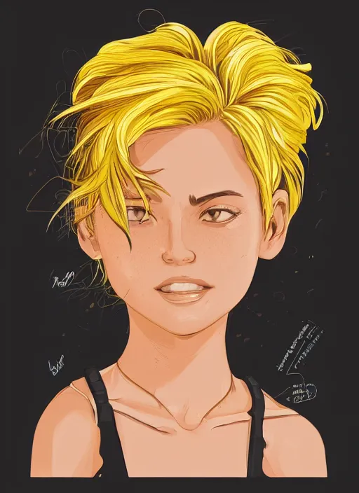 Prompt: character portrait of a cool latina girl with golden yellow messy hair, 2 8 7 hairstyle, wearing a tanktop, lesbian, highly detailed, stylized, medium shot, vector line art, clean cel shaded vector art, by ross tron, lois van baarle, artgerm, helen huang, makoto shinkai, ilya kuvshinov, rossdraws