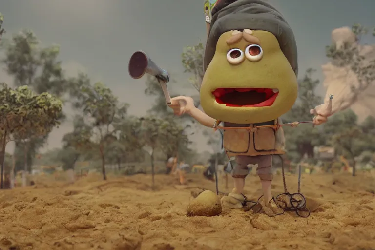 Image similar to the potato king appears before the large crowd of his subjects in all his glory, concept art, blender, googly eyes, realistic dirt.