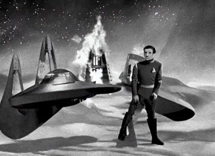 Prompt: Scene from the 1916 science fiction series Star Trek