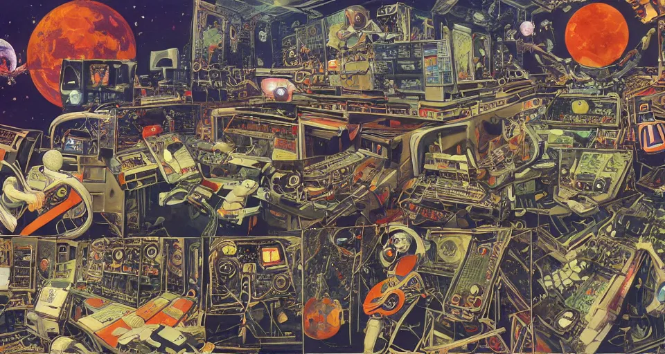 Image similar to collage wide angle view of highly detailed 70s scifi illustration collage of a space station interior with robots playing musical instruments in a music studio