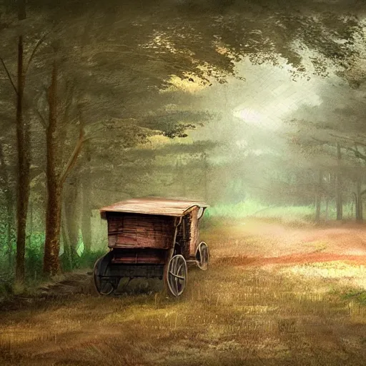 Image similar to an abandoned wagon in the woods, concept art, rutkowski