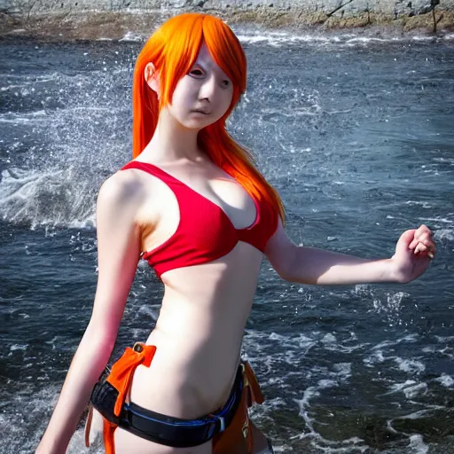 Image similar to A full portrait photo of real-life nami one piece, f/22, 35mm, 2700K, lighting.