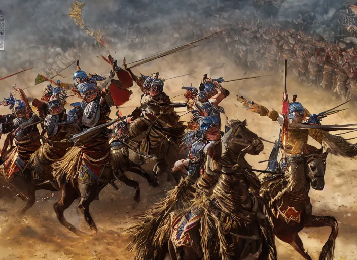 Prompt: mongolian warriors on horseback attacking a Chinese city with a massive wall during the Ming dynasty, arrows flying overhead and spears bristling, historical concept art, chaotic and brutal, intricate and hyperdetailed, 8k