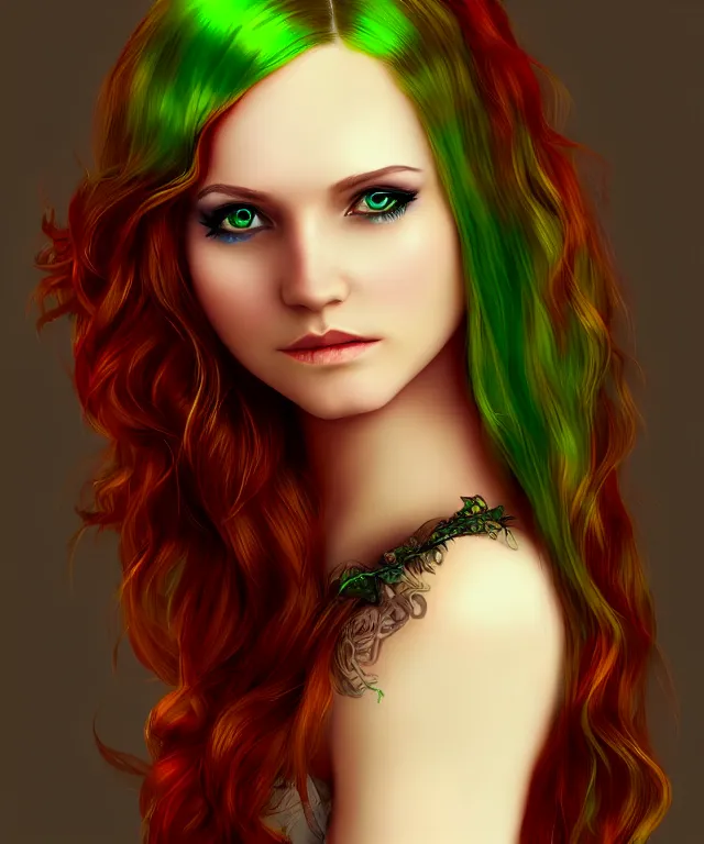 Image similar to Beautiful young woman, Fae, Fantasy, highly detailed, portrait, long red hair, green highlights