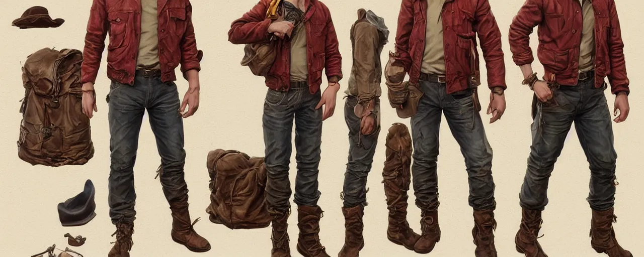 Prompt: character design, reference sheet, 40's adventurer, unshaven, optimistic, stained dirty clothing, straw hat, riding boots, red t-shirt, dusty rown bomber leather jacket, messenger bag, detailed, concept art, photorealistic, hyperdetailed, 3d rendering , art by Leyendecker and frazetta,