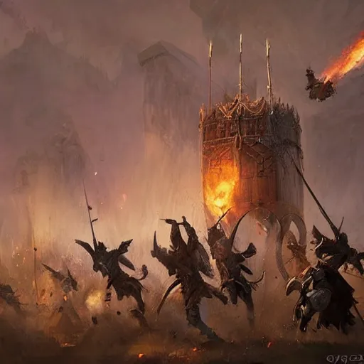 Image similar to a moving siege tower firing giant arrows, cartwheels, epic fantasy style art by Craig Mullins, fantasy epic digital art, epic fantasy card game art by Greg Rutkowski