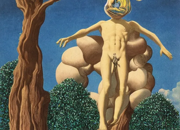 Prompt: non - euclidean pagan ancient god statue on a spherical tree by salvadore dali and rene magritte