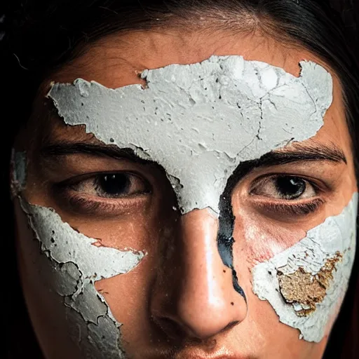 Image similar to woman's face covered with the texture of cracked and glzed ceramic