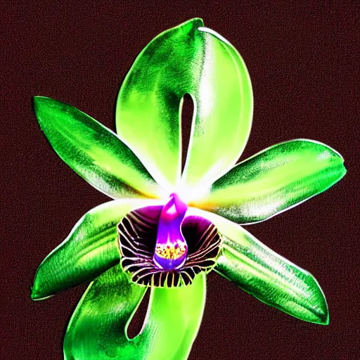 Image similar to metal orchid flower, futuristic, shiny, high detail, glitch art