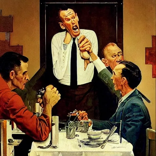 Prompt: the tallest man in the world gets himself into difficulties in a restaurant and threatens the horrified waiter, painted by norman rockwell and tom lovell and frank schoonover