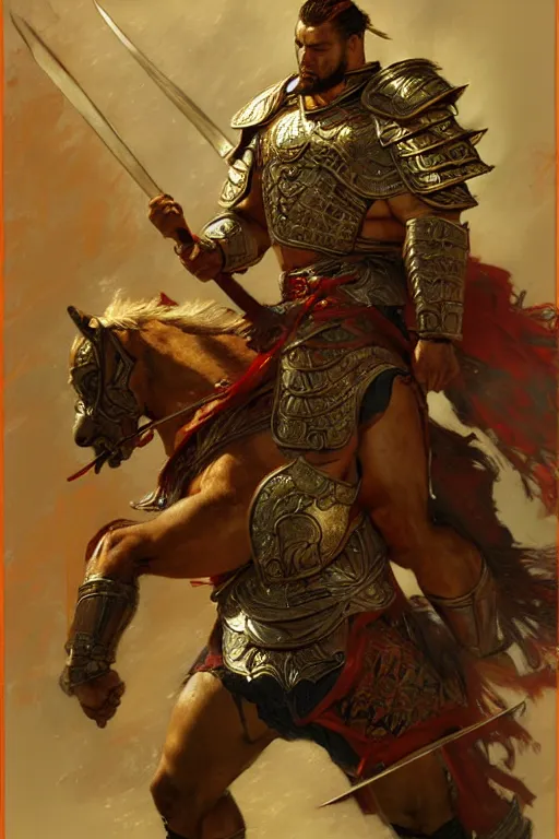 Image similar to attractive beefy male with armor, ancient china, three kingdoms, character design, dynamic lighting, cool and bright tint, painting by gaston bussiere, craig mullins, j. c. leyendecker, tom of finland