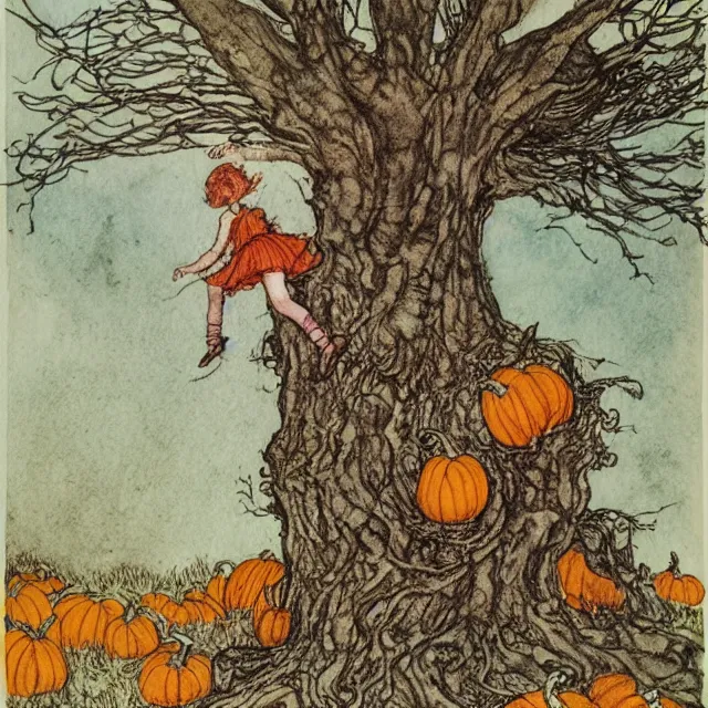 Image similar to a detailed, intricate watercolor and ink illustration with fine lines, of a young girl in a dress climbing a gnarled tree in a pumpkin patch, by arthur rackham and edmund dulac