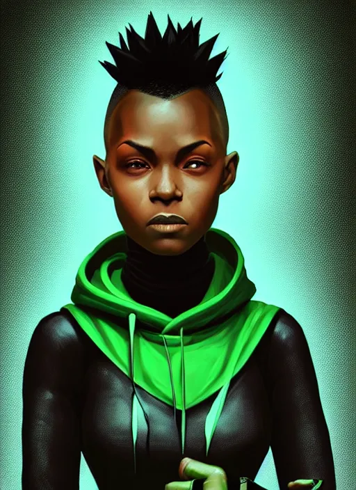 Image similar to photographic portrait of an handsome young black woman with a mohican haircut and green eyes in a back hoodie, flat lighting, elegant, highly detailed, digital painting, artstation, concept art, sharp focus, star wars, illustration, art by akira toriyama