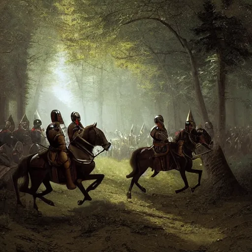 Prompt: a small group of medieval european knights are riding in a column through a dark wood along a small stream, highly detailed, digital painting, sharp focus, by alber bierstadt greg rutkowski