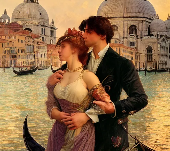 Image similar to photography of a 1 8 th couple in venice with fireworks, deep focus, intricate, elegant, highly detailed, digital painting, artstation, concept art, matte, sharp focus, illustration, art by artgerm and greg rutkowski and alphonse mucha and gil elvgren