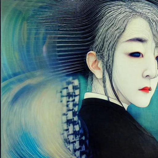 Prompt: yoshitaka amano blurred and dreamy realistic three quarter angle portrait of a woman with white hair and black eyes wearing dress suit with tie, junji ito abstract patterns in the background, satoshi kon anime, noisy film grain effect, highly detailed, renaissance oil painting, weird portrait angle, blurred lost edges