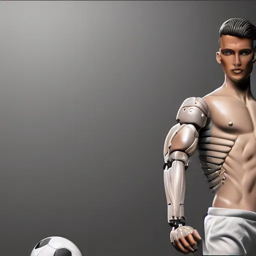 Image similar to a realistic detailed photo of a guy who is an attractive humanoid who is half robot and half humanoid, who is a male android, attractive and handsome soccer players, shiny skin, posing like a statue, blank stare, in a factory, on display, showing off his muscles, wearing soccer shorts, side view, looking at each other mindlessly