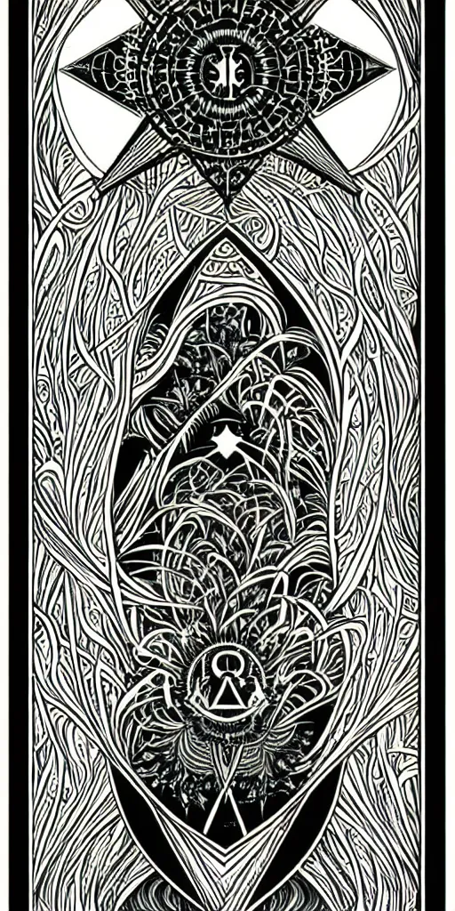 Prompt: a beautiful fractal tarot card featuring bold occult imagery with clean lines