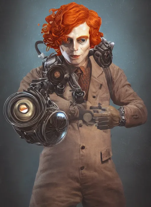 Image similar to biohazard portrait of curly orange hair man from bioshock, au naturel, hyper detailed, digital art, trending in artstation, cinematic lighting, studio quality, smooth render, unreal engine 5 rendered, octane rendered, art style by klimt and nixeu and ian sprigger and wlop and krenz cushart.