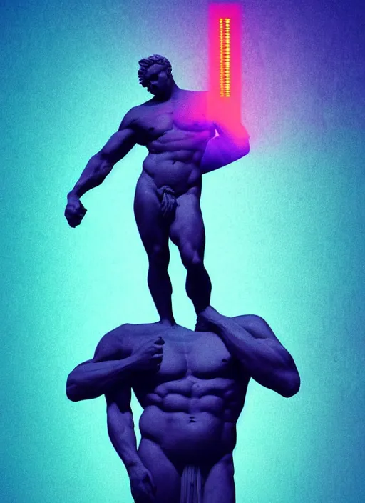 Prompt: statue of hercules, beeple, vaporwave, retrowave, abstract neon shapes, black background, glitch, pixel sorting, strong contrast, pinterest, trending on artstation