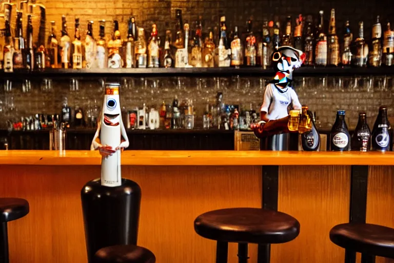 Image similar to a anthropomorphic bottle of beer stands in front of a bar waiting to be served by the bartender, pixar