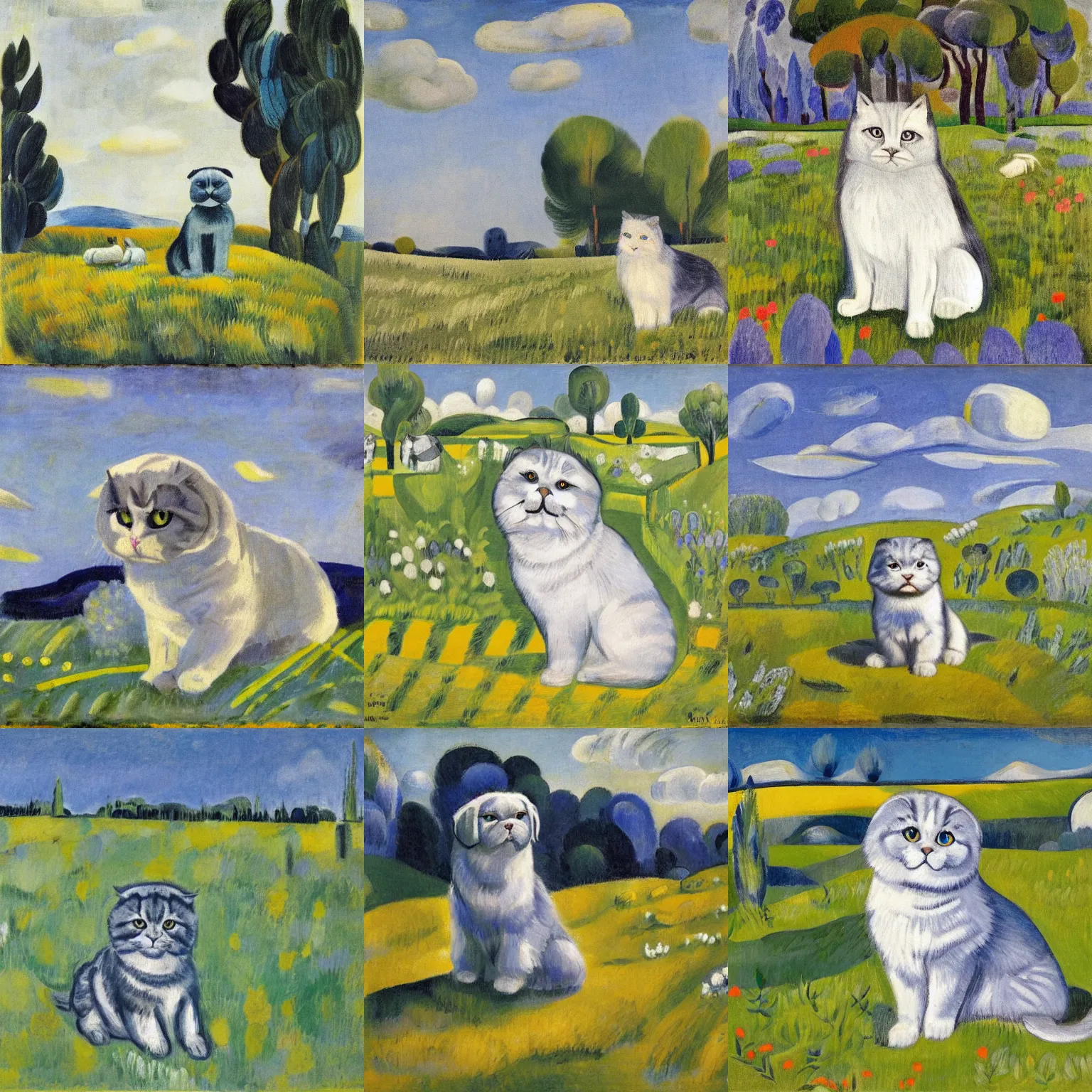 Prompt: a gray scottish fold sitting in the middle of sunny meadow, by martiros saryan