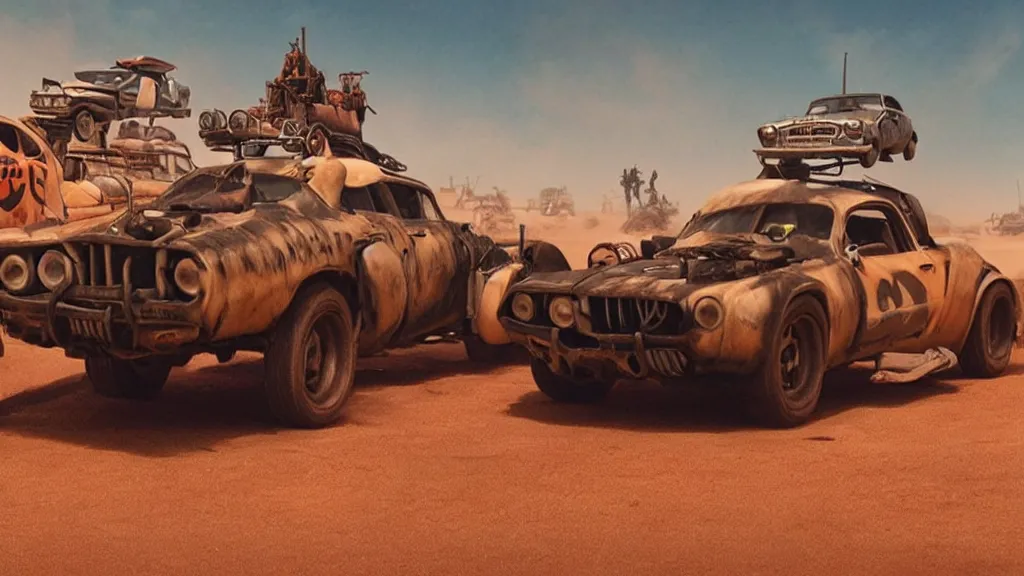 Image similar to mad max cars in a pixar disney movie