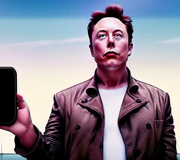 Image similar to hyperrealism aesthetic ridley scott and denis villeneuve style photography of a detailed giant elon musk, siting on a detailed ultra huge toilet and scrolling his smartphone in hyperrealism scene from detailed art house movie in style of alejandro jodorowsky and wes anderson