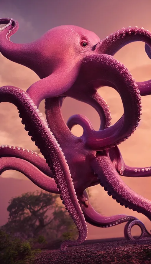 Image similar to A octopus centered-photograph of a pink elephant, film still, dynamic action pose, National Geographic, insane detail, intricate, highly detailed, Zeiss Lens, DSLR photography, smooth, sharp focus, Unreal Engine 5, Octane Render, Redshift, 8K