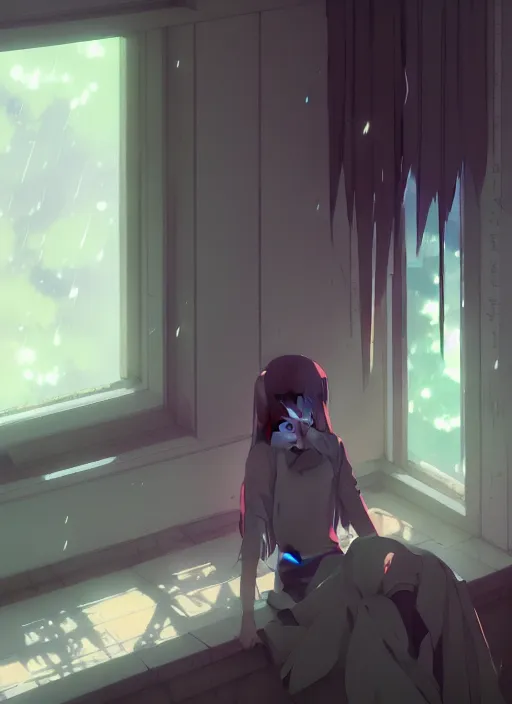 Image similar to interior, near the window, rainy outside, illustration concept art anime key visual trending pixiv fanbox by wlop and greg rutkowski and makoto shinkai and studio ghibli