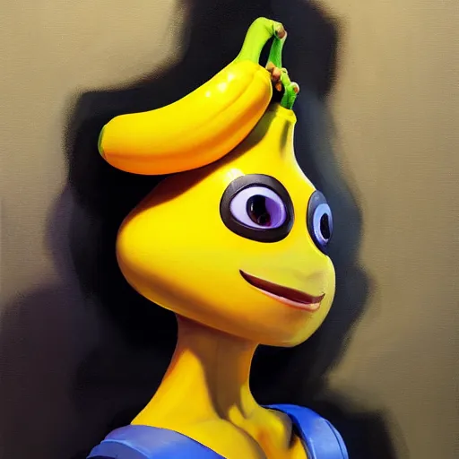 Image similar to greg manchess portrait painting of peely the humanoid banana from fortnite as overwatch character, medium shot, asymmetrical, profile picture, organic painting, sunny day, matte painting, bold shapes, hard edges, street art, trending on artstation, by huang guangjian, gil elvgren, ruan jia, greg rutkowski, gaston bussiere