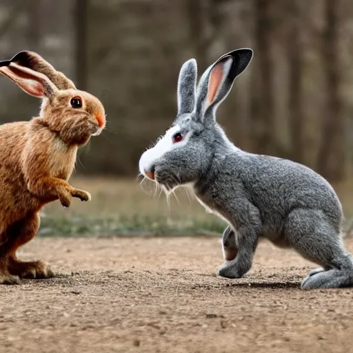 Image similar to intense battle between bipedal bunnies and humanoid eagles