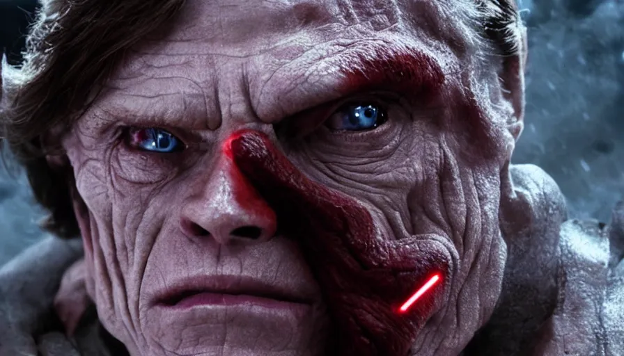 Image similar to Willem Dafoe as a Sith Lord, cinematic lighting, close-up, cinematography