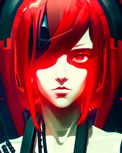 Image similar to a detailed potrait of a cyberpunk cyborg girl with black and red parts, perfect face, realistic shaded perfect face, detailed. night setting. very anime style. realistic shaded lighting poster by ilya kuvshinov katsuhiro, unreal engine, global illumination, radiant light, detailed and intricate environment