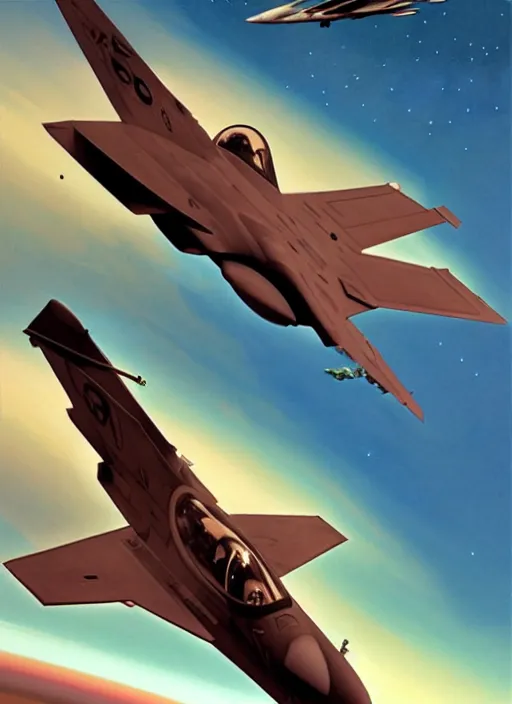 Image similar to poster artwork by michael whelan and tomer hanuka, a portrait, f 3 5 jets dogfighting in the clouds of jupiter, clean