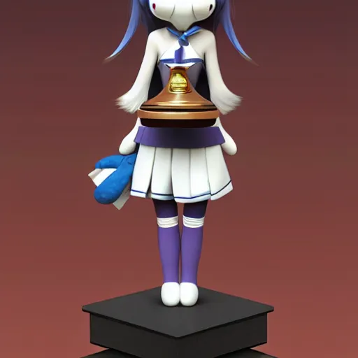 Image similar to cute fumo plush on a pedestal holding a trophy, winner, anime girl, vray