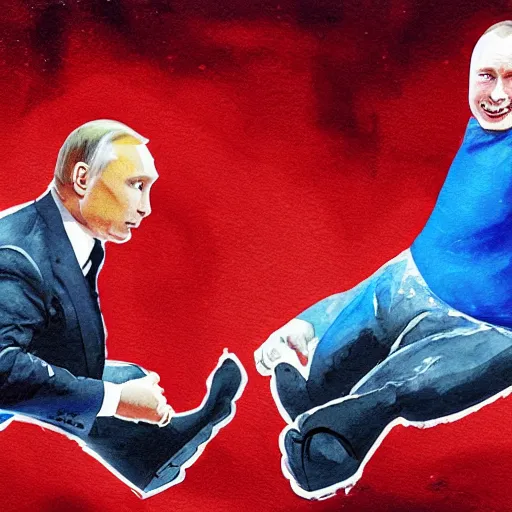 Prompt: elon musk and vladimir putin in a wrestling match, watercolor
