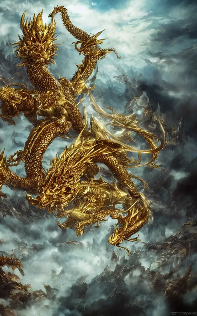 Image similar to by yoshitaka amano golden dragon, epic, legendary, cinematic composition, stunning atmosphere by yoshitaka amano